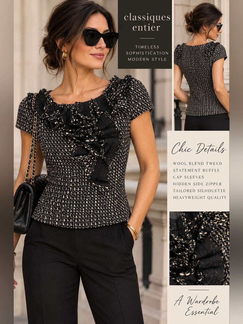 Classiques Entier M Black Tweed Wool Blend Ruffle Top Cap Sleeve Quiet Luxury